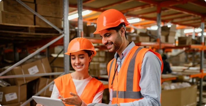 Project team coordinating warehouse activity with a tablet