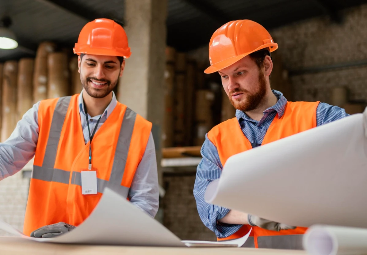 Two construction planners reviewing large blueprints inside a warehouse environment